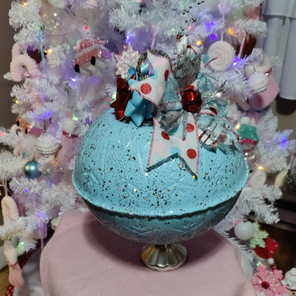 Festive Blue Holiday Ornament with Red Accents